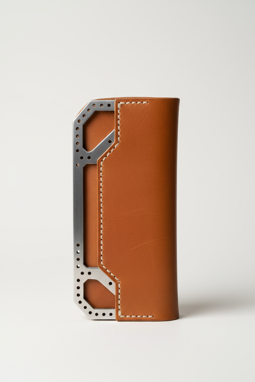 MEKIN G1 Glasses Case — natural brown leather with CNC-cut steel structural frame, hand saddle-stitched