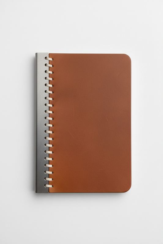 MEKIN N1 Notebook Cover — natural brown leather with CNC-cut steel spine along binding edge, hand saddle-stitched